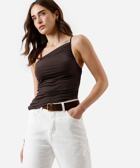blusa ombro único feminina franzida assimétrica marrom PP