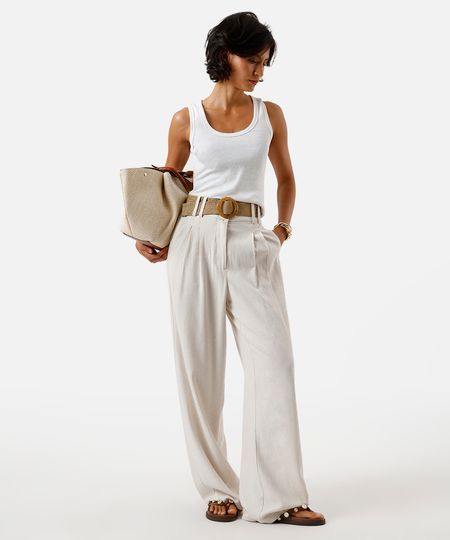 calça reta feminina com linho e cinto bege 36 calça reta feminina com linho e cinto bege 36