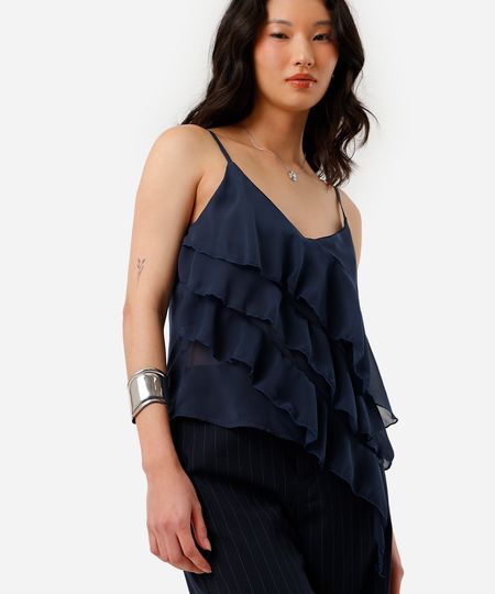 regata feminina alça fina com babados azul GG regata feminina alça fina com babados azul GG