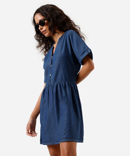 vestido curto feminino jeans decote v azul P