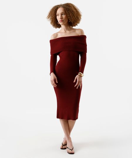 vestido ombro a ombro feminino de tricot canelado vinho PP