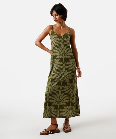 vestido midi feminino de viscose alça fina com fendas folhagens verde PP