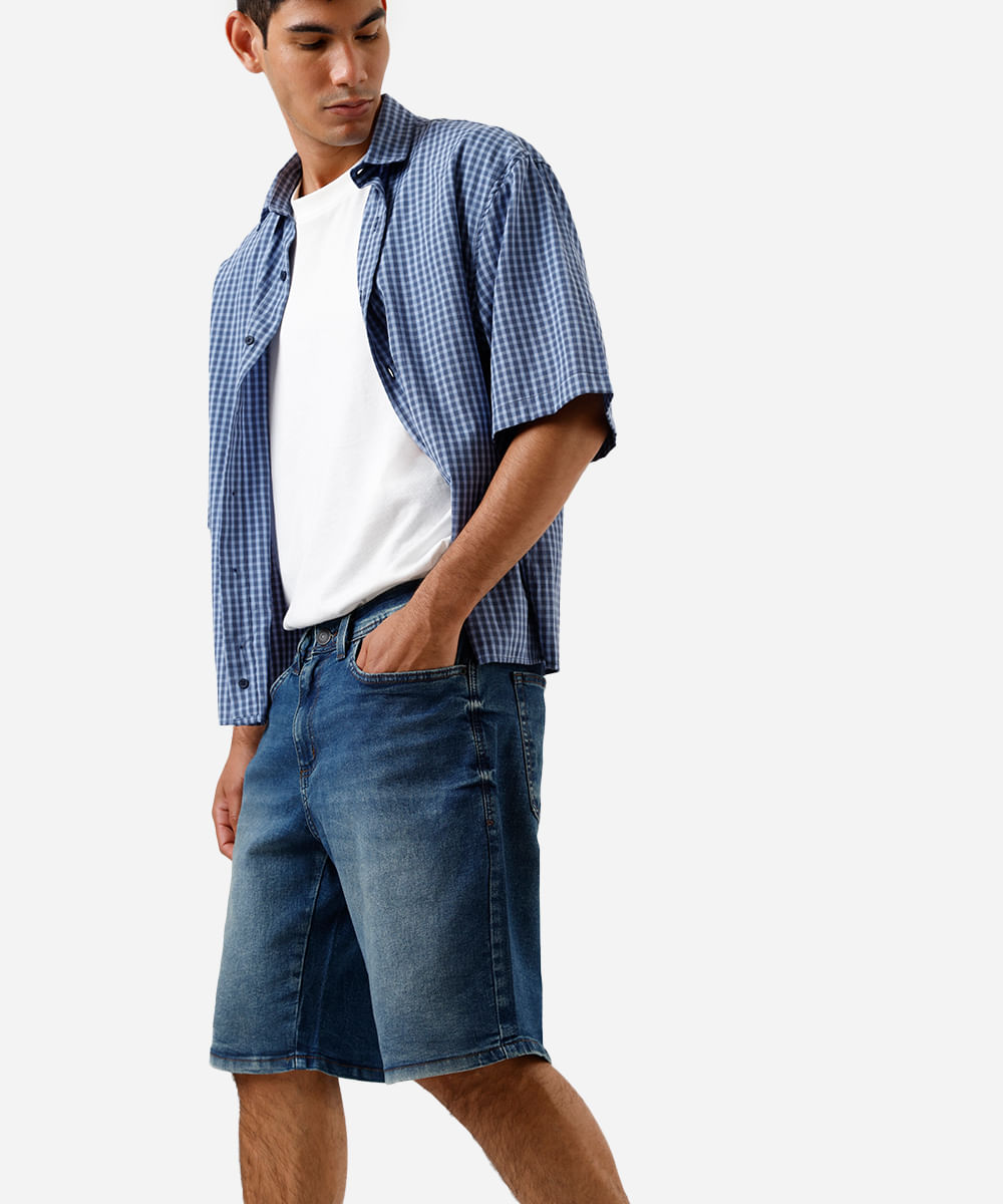 bermuda reta masculina jeans dirty azul