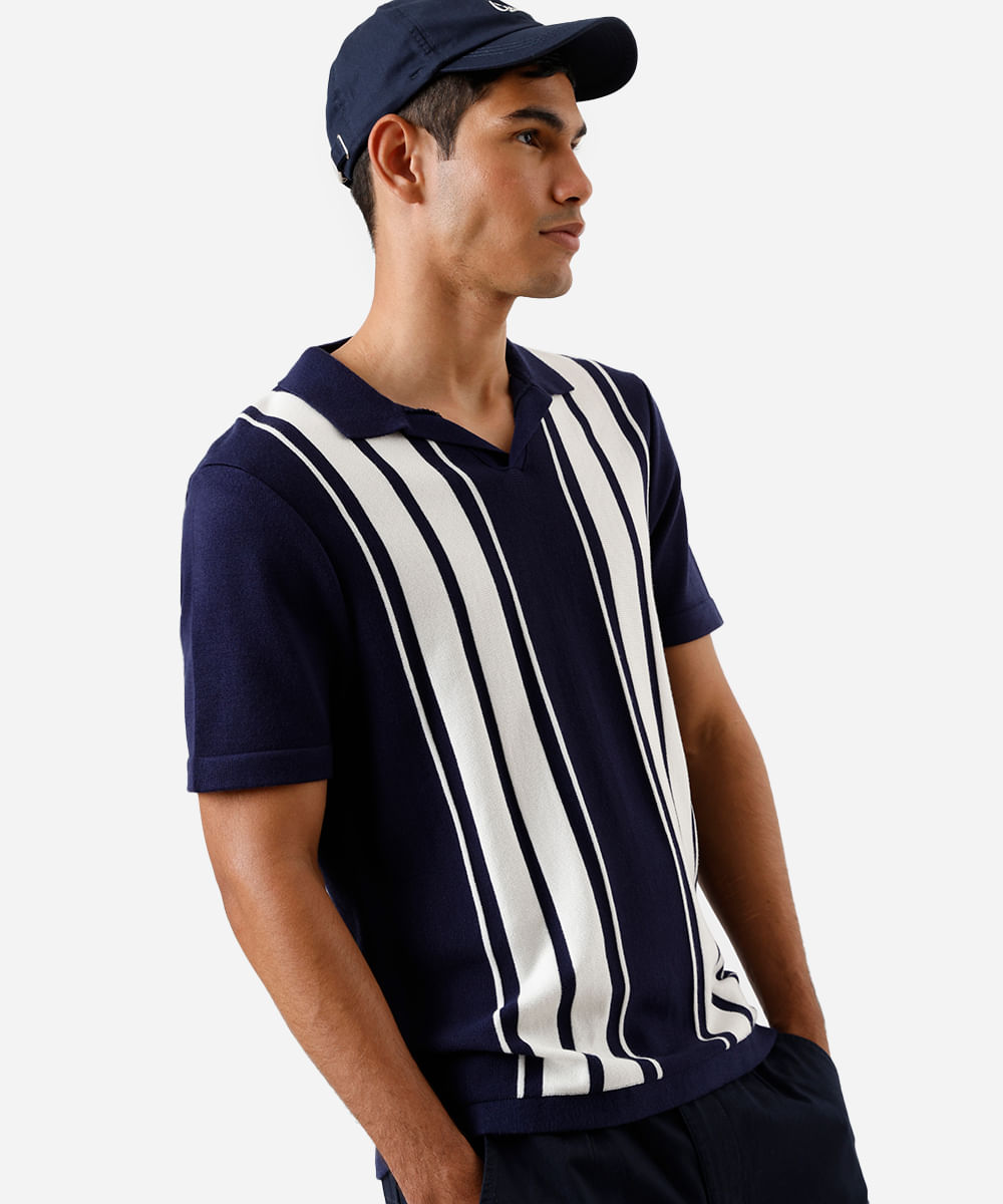polo masculina de tricot com listras azul