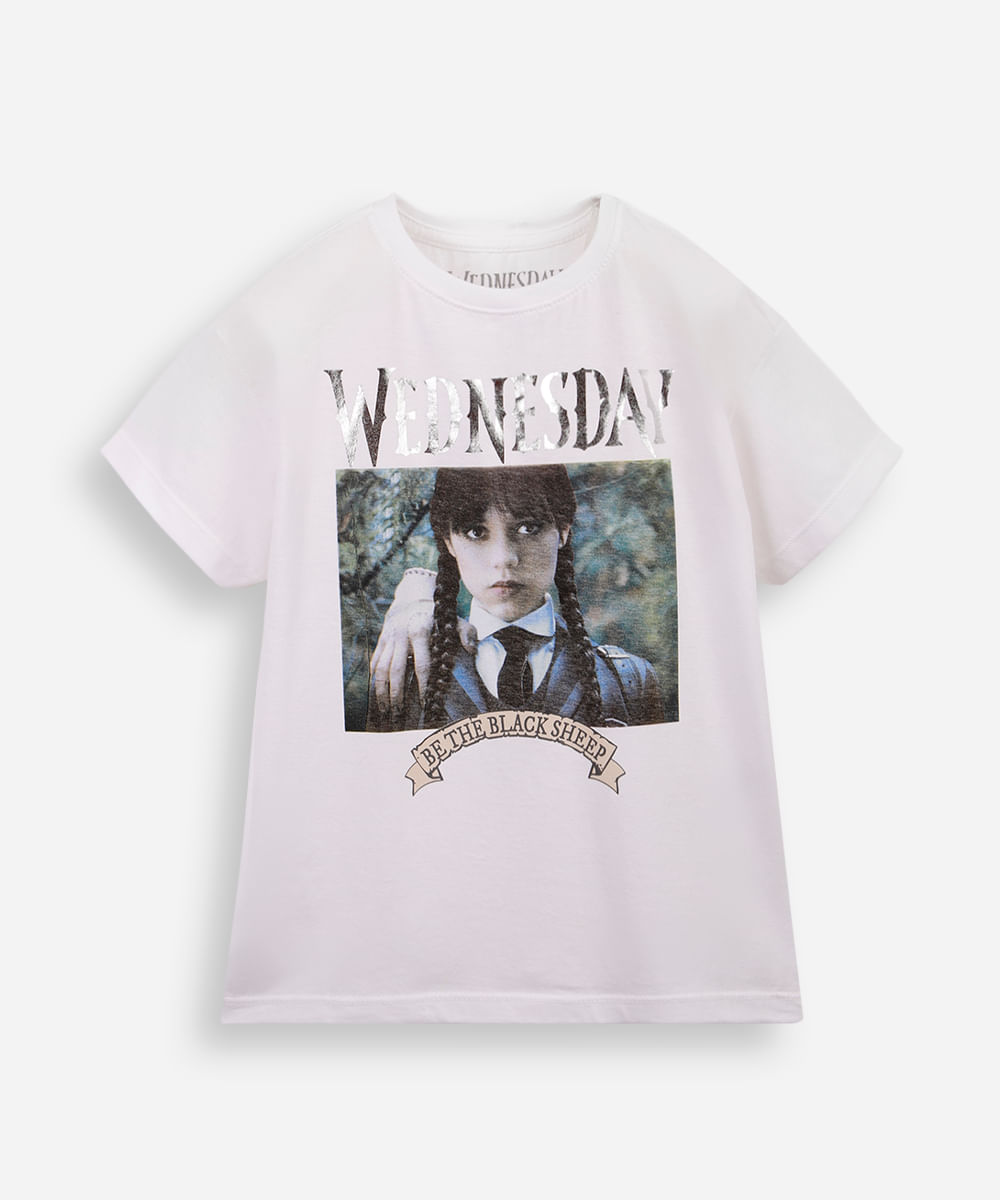 camiseta infantil de algodão wandinha off white