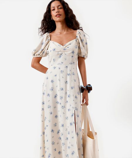 vestido midi feminino com linho e fenda floral off white M vestido midi feminino com linho e fenda floral off white M