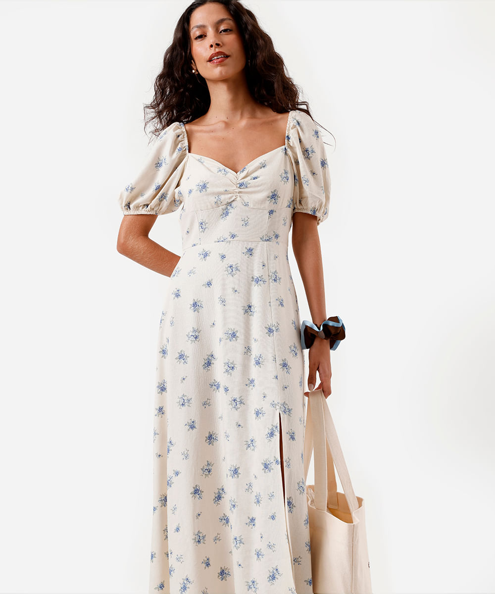vestido midi feminino com linho e fenda floral off white