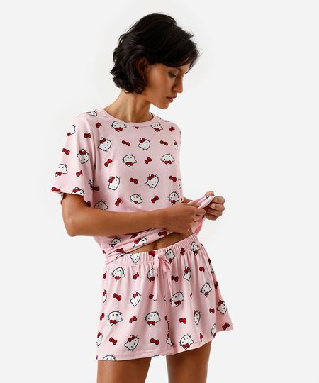 pijama shortdoll manga curta hello kitty rosa P pijama shortdoll manga curta hello kitty rosa P
