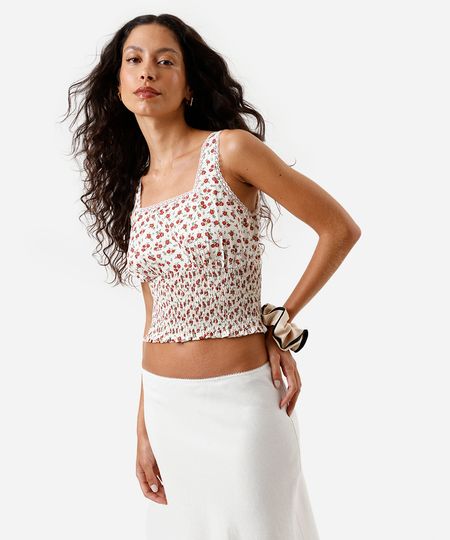 cropped feminino de algodão com renda e lastex floral bege P cropped feminino de algodão com renda e lastex floral bege P