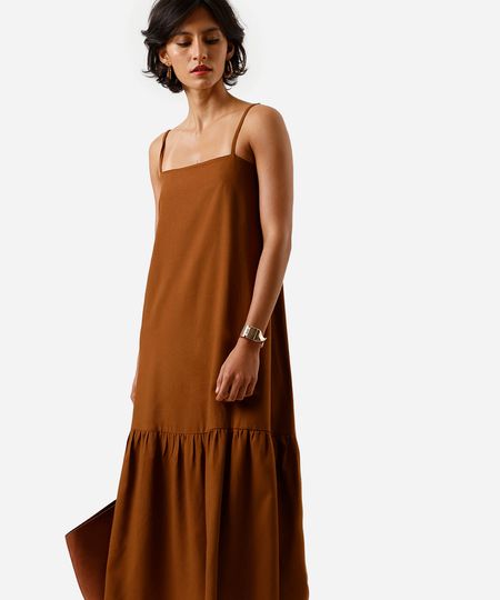 vestido midi feminino alça fina com linho e recorte marrom P vestido midi feminino alça fina com linho e recorte marrom P
