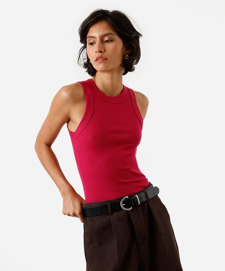 regata básica feminina de algodão canelada rosa P regata básica feminina de algodão canelada rosa P