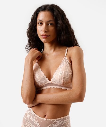 sutiã triângulo com bojo removível em tule poá e renda laranja 46 sutiã triângulo com bojo removível em tule poá e renda laranja 46