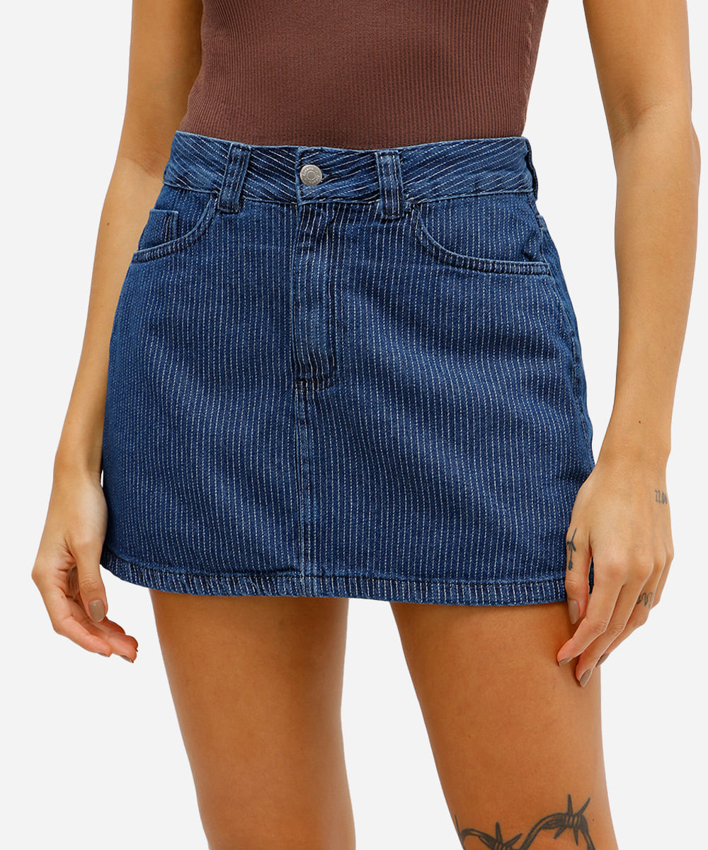 short saia feminino jeans listrado azul