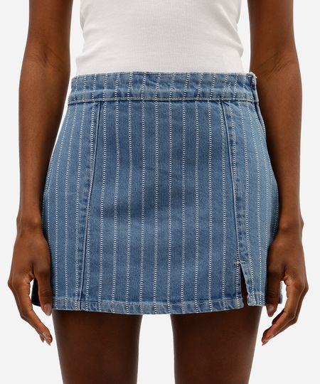 short saia feminino jeans com fenda listrado  azul 34