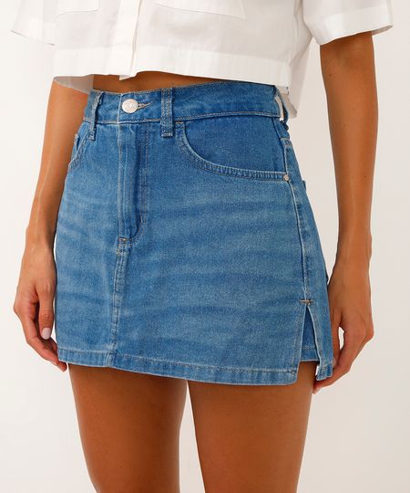 short saia jeans cintura alta com fenda azul 34 short saia jeans cintura alta com fenda azul 34
