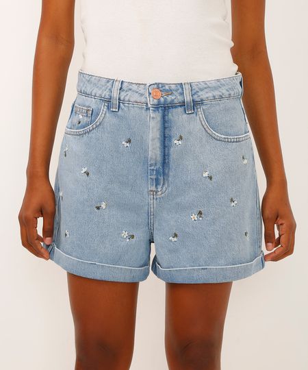 short mom jeans cintura super alta floral azul 40 short mom jeans cintura super alta floral azul 40
