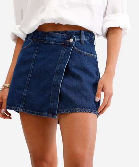 short saia feminino jeans cintura alta azul 34