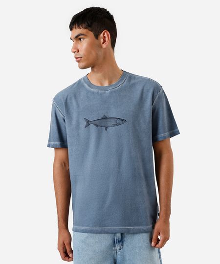 camiseta dupla face masculina de algodão estampada estonada azul P camiseta dupla face masculina de algodão estampada estonada azul P