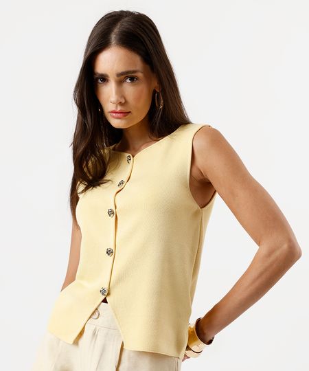 colete feminino de tricot com recorte amarelo M