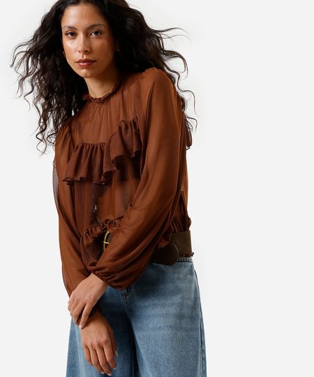 bata feminina de tule manga bufante com babados marrom G bata feminina de tule manga bufante com babados marrom G