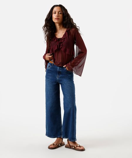 calça wide leg cropped feminina jeans azul 34 calça wide leg cropped feminina jeans azul 34