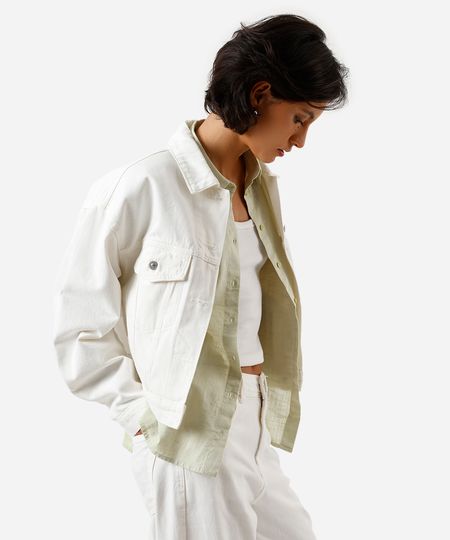 jaqueta feminina de sarja com pregas off white M jaqueta feminina de sarja com pregas off white M