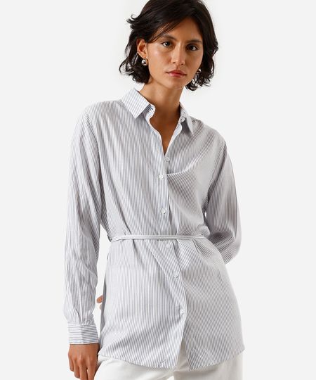 camisa alongada feminina de viscose com cordão listrada azul PP