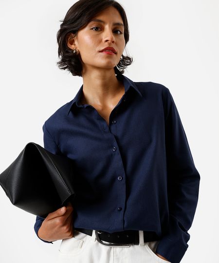 camisa feminina com linho manga longa azul G