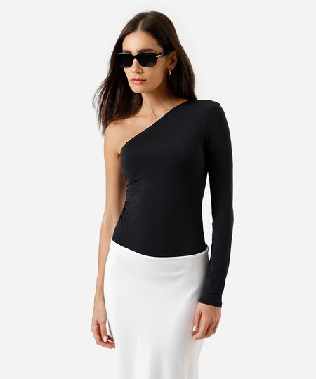 body ombro único feminino franzido preto PP
