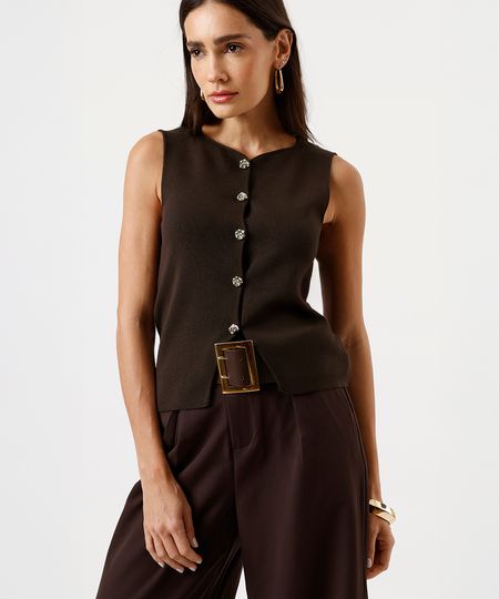 colete feminino de tricot com recorte marrom GG colete feminino de tricot com recorte marrom GG