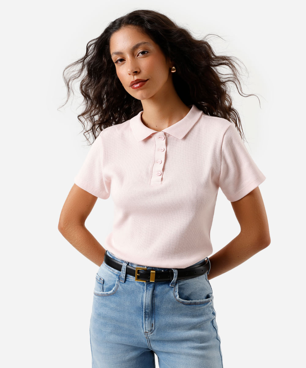polo feminina de tricot manga curta rosa