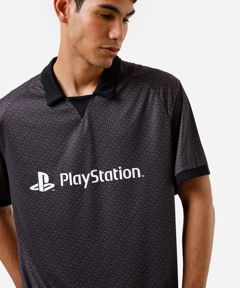 camiseta masculina com gola playstation oversized preta
