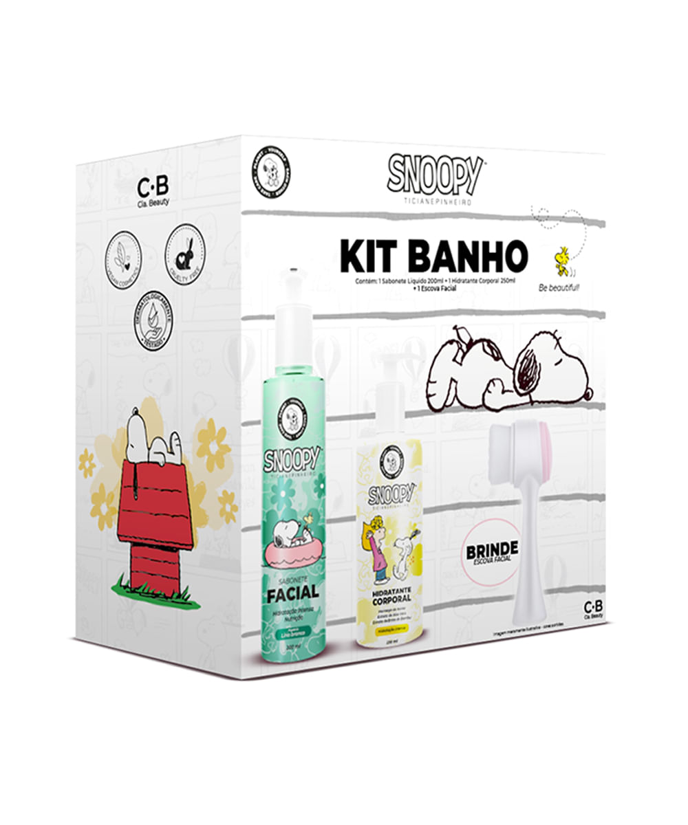 kit infantil snoopy sabonete facil hidratante corporal e esponja banho