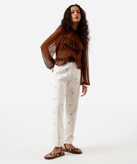 calça mom sarja cintura alta flor bordada bege 34 calça mom sarja cintura alta flor bordada bege 34