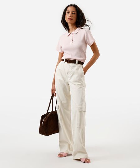 calça wide leg slim feminina de sarja com bolsos cargo bege 36 calça wide leg slim feminina de sarja com bolsos cargo bege 36