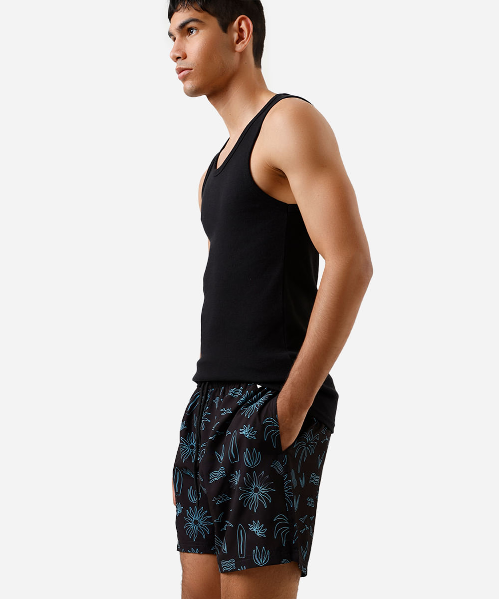 shorts masculino cos elástico estampado preto