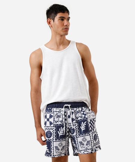 short masculino cos elástico estampado ícones praia azul M