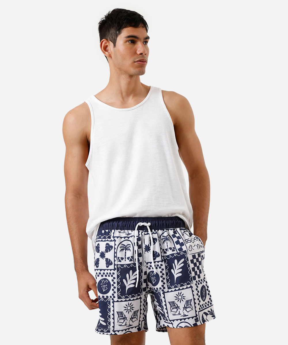 short masculino cos elástico estampado ícones praia azul