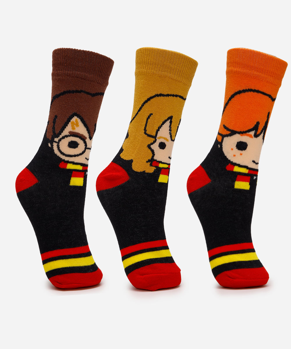 kit de 3 meias infantis cano alto harry potter colorido