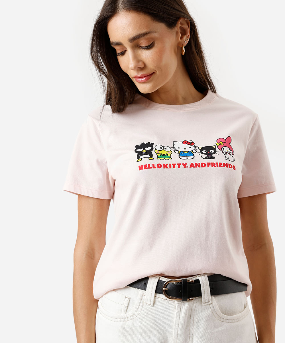 camiseta feminina de algodão hello kitty rosa
