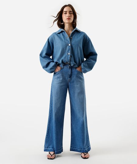 calça wide leg feminina jeans com barra desfiada azul 36