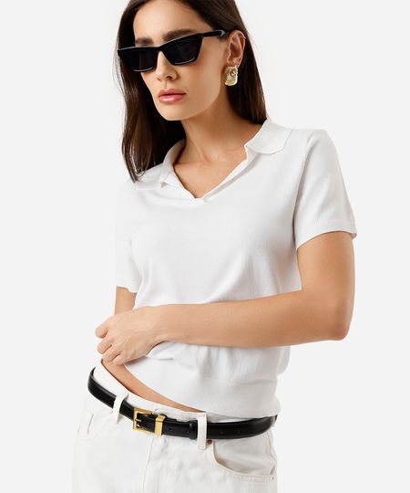 polo básica feminina de tricot manga curta off white G polo básica feminina de tricot manga curta off white G