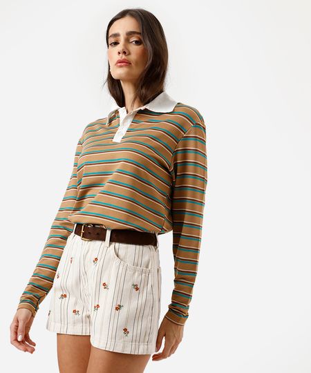 short mom feminino de sarja com bordado floral listrado bege 44 short mom feminino de sarja com bordado floral listrado bege 44