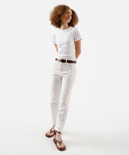 calça mom feminina de sarja floral off white 36
