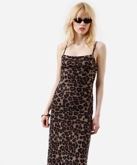 vestido longo de tule animal print com franzido bege P vestido longo de tule animal print com franzido bege P