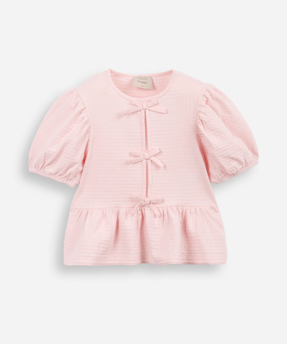 blusa de algodão infantil com lacinho texturizada rosa