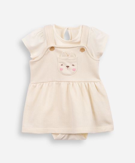 salopete de algodão infantil com body gatinha bege 0-3