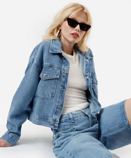 jaqueta jeans feminina manga longa azul P