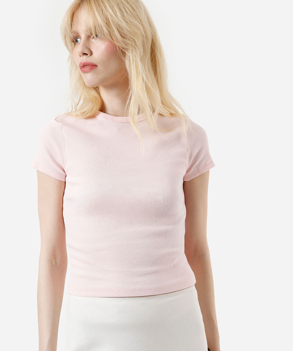 blusa feminina de algodão canelada manga curta rosa