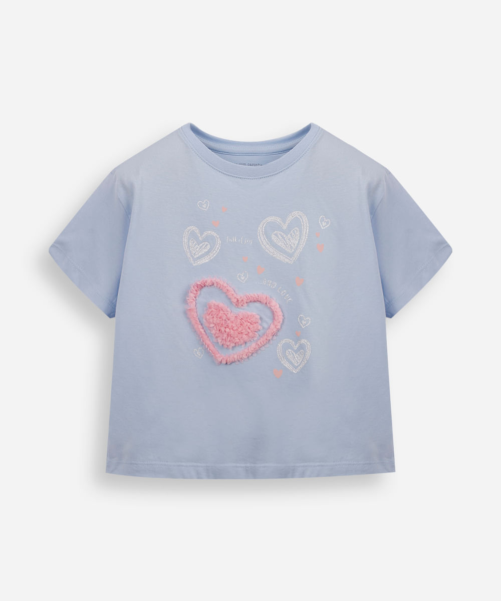 camiseta infantil de algodão corações com glitter azul